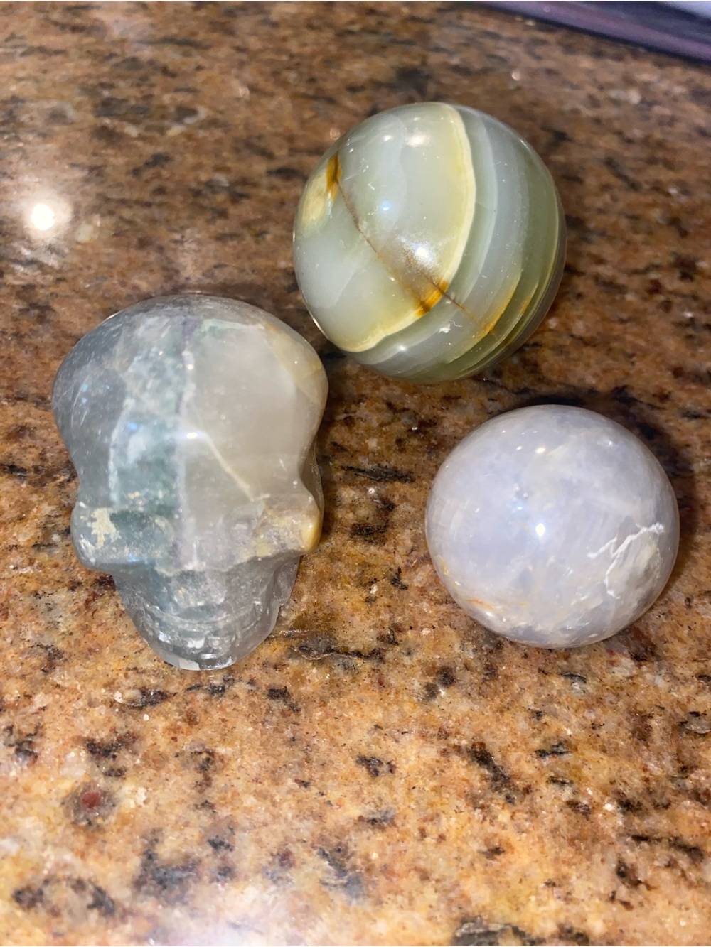 Polished Stone Skull and Crystal Spheres - Green, Gray, Cream